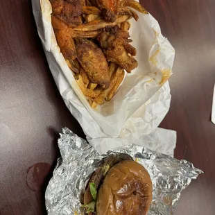 Ash's hot Butter Lemon Pepper wings and the little cheeseburger