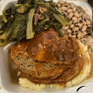 Meatloaf with collard greens and yams‼Excellent flavor throughout and it was good to the very last bite..One serving is enough for 2 people