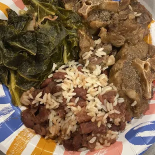 Oxtail Dinner w/red rice and beans and greens