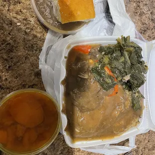 Cornbread dressing top right,rice underneath my pork chops!greens,cornbread n side of gravy and yams.