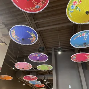 colorful umbrellas hanging from the ceiling