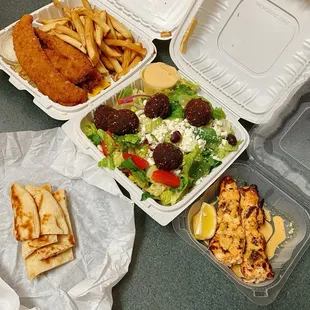 Fish &amp; Chips, Falafel Salad, Chicken Skewer