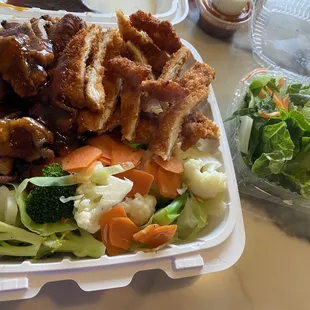 Teriyaki pork and Katsu w steam vegetables and a salad.