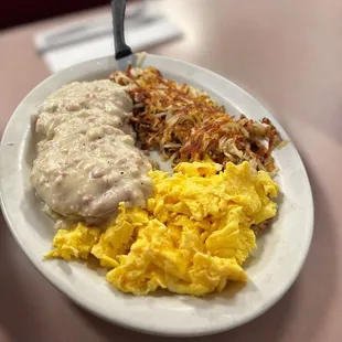 Country Special (2 biscuits with smothered country gravy, 3 eggs, 2 patty sausages &amp; hash browns)