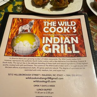 the menu for the wild cook&apos;s indian grill