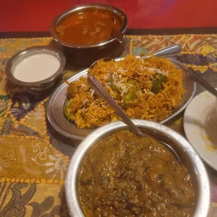 Goat Saag, lamb biryani (small), and lamb curry. Very good