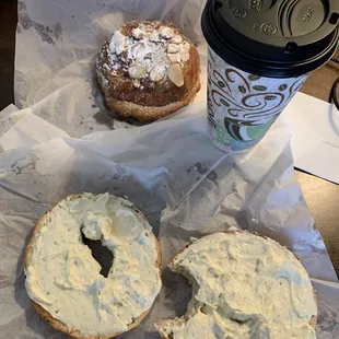 Almost croissant and garlic &amp; onion bagel with green chili cream cheese