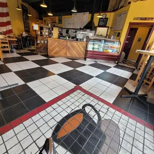 a black and white checkered floor