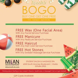 Cool off with these Summer Specials! Visit our Student Salon and Spa, valid 6/1/22 - 8/31/22. 

#MilanInstitute