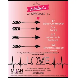 Our Valentines Student Salon and Spa Specials are here! Valid until 2/28/22.