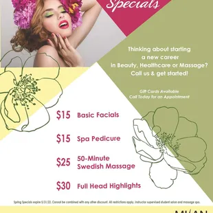 Our Spring Student Salon &amp; Spa Specials are here! Valid 3/1/2022 - 5/31/2022