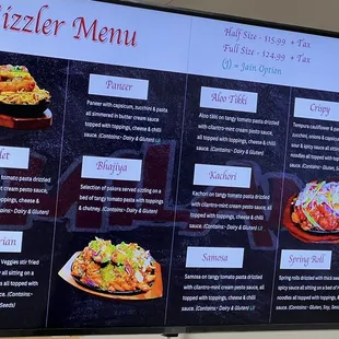 a menu for a variety of foods