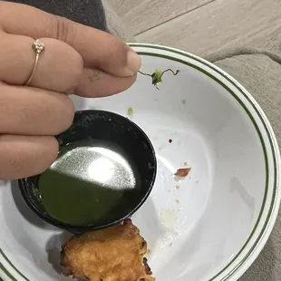 A metal piece in their chutney / sauce .