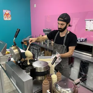 Waffles in progress by co-owner Mohammad.