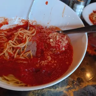 Squishy spag, way overkill marinara and need a saw to cut the meatballs