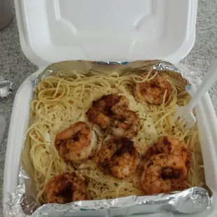 My to go order of angel hair pasta add shrimp :) delicious