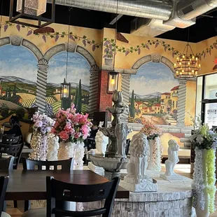 Fountain, lighting, wall murals