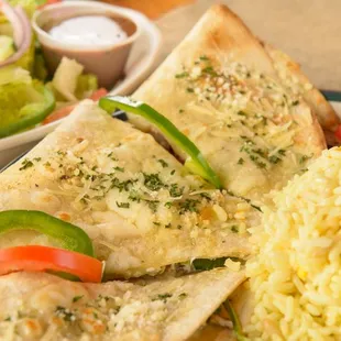 Chicken Quesadilla Dinner with Rice Pilav and Side Garden Salad