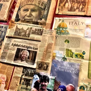 Wall full of old newspapers