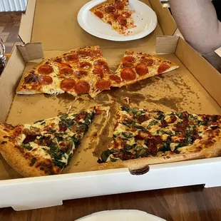 XL pizza half pepperoni and half spinach, bacon, and  sun-dried tomatoes