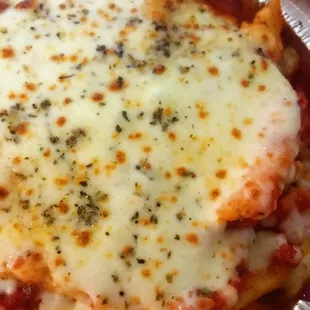 Our delicious baked ziti with mozzerella cheese! Can be made with regular or meat sauce. Sausage or meatballs can be added!