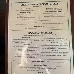 pizza and milanos specialties