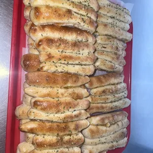 a tray of breadsticks