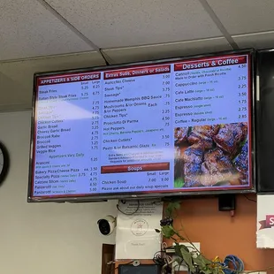 a menu on a large screen