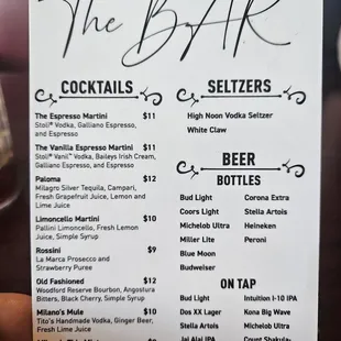 Cocktail menu