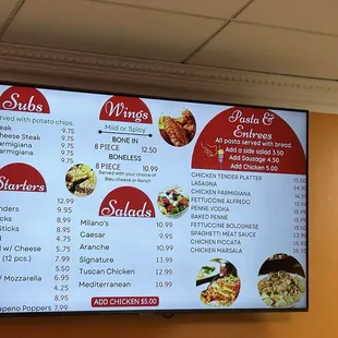 Menu &amp; prices - subs, starters, wings, salads, pastas &amp; entrees