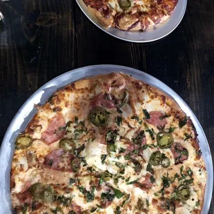 BBQ chicken pizza with jalapeños &amp; a pink sauce, Canadian bacon, spinach &amp; jalapeño pizza! ( pink sauce is a mix of alfredo &amp; marinara)