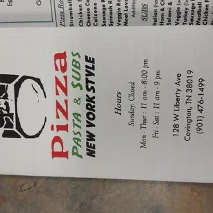 a menu for a pizza restaurant