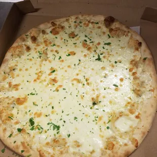 a cheese pizza in a box