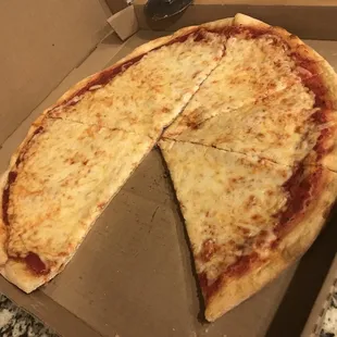 a cheese pizza in a box