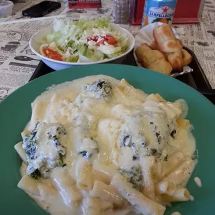 Special of the day Baked Spinach Ziti with salad and garlic knots