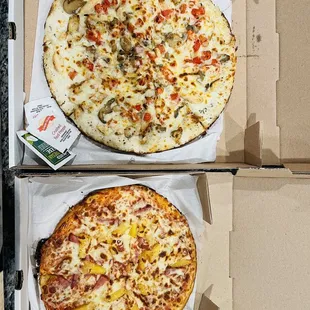 Medium Chicken Alfredo Supreme Pizza and a small Hawaiian Pizza