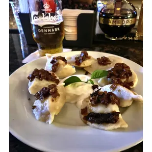 Carlsberg Tap Beer &amp; Polish Meat Pierogi! Great Combo! Milano&apos;s Restaurant &amp; Bar.Nicely Decorated Place Good Food.Cool!