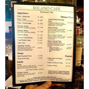 Food Menu @ Milano&apos;s Restaurant &amp; Bar. (N Milwaukee/N Pulaski Rd Area) Great Decorated Place Nice Bartenders Good Food.Cool!