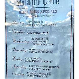 Daily Specials  @ Milano&apos;s Restaurant &amp; Bar.Nice &amp; Cozy !  Great Decorated Place Nice Bartenders Good Food Full Bar.Patio.Cool!