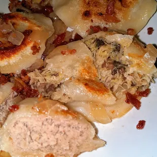 Housemade Pan Fried {Super Stuffed} Pierogis in Meat and Cabbage + Mushroom