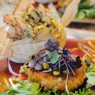 Open Green Chile &amp; Shrimp Tamale w/ Roasted Corn &amp; Chile Lime Butter and Green Chile Crab Cake w/ Chipotle Aioli