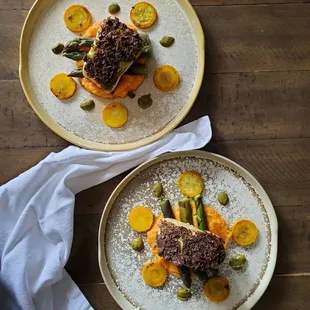 Blue Corn &amp; Pistachio Crusted Sea Bass, Sweet Potato Puree, Local Squash &amp; Cilantro Paste