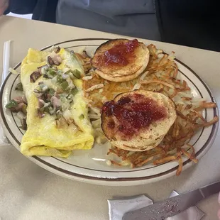 Denver omelet with hash browns and muffin