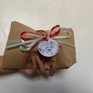 Personalized gift wrapped toy.