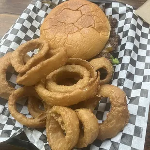 Smashburger with cheddar/all the way plus side of onion rings as a combo. Delectable. Burger is MUCH bigger than this looks. 16JAN25