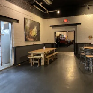 empty room with tables and chairs