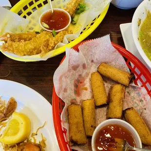 Lumpia and shrimp tempura appetizers (after we ate a few)! Soooo good!