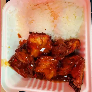 Mochiko Chicken plate comes with two scoops white rice &amp; mac salad (not shown).