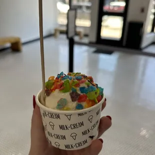 cereal milk with fruit pebbles!