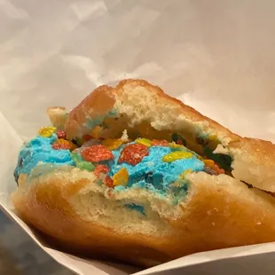 Cookie Monster and Fruity Pebbles on a warmed donut